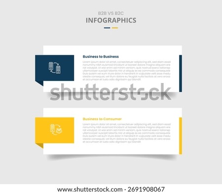 B2B vs B2C comparison for infographic with drop shadow style with big rectangle box container with badge on side two point list information vector