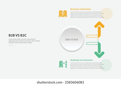 B2B vs B2C infographic outline style with 2 point comparison template with big circle arrow ups and down opposite direction for slide presentation vector