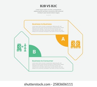 B2B vs B2C infographic outline style with 2 point comparison template with creative rectangle arrow opposite direction for slide presentation vector