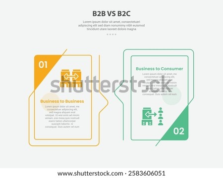 B2B vs B2C infographic outline style with 2 point comparison template with creative box with bookmark badge on side for slide presentation vector