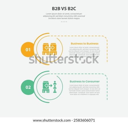 B2B vs B2C infographic outline style with 2 point comparison template with creative circle stack vertical for slide presentation vector