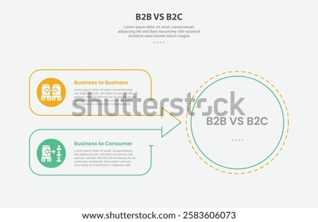 B2B vs B2C infographic outline style with 2 point comparison template with big circle and arrow box join container for slide presentation vector