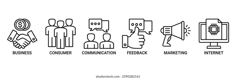 B2C banner web icon illustration concept business to consumer concept of marketing with communications, feedback, marketing, and internet icons. Outline vector symbol background.