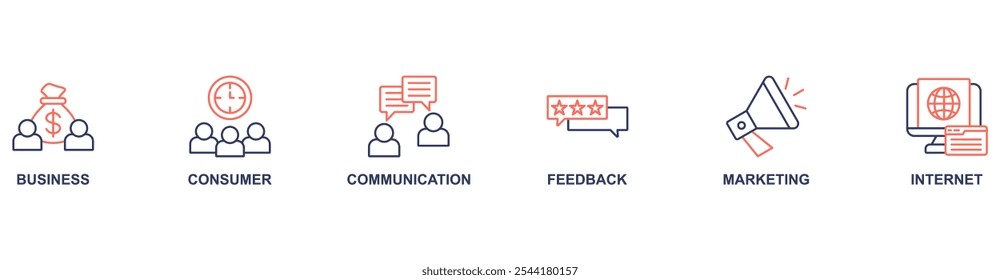 Concepto de Ilustración vectorial de icono de Web de Anuncio B2C con icono de negocio, consumidor, comunicación, Comentarios, marketing, internet