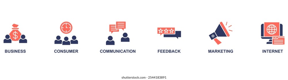 Concepto de Ilustración vectorial de icono de Web de Anuncio B2C con icono de negocio, consumidor, comunicación, Comentarios, marketing, internet