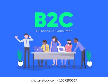 B2C - Business to Consumer acronym and team people with modern flat style - vector