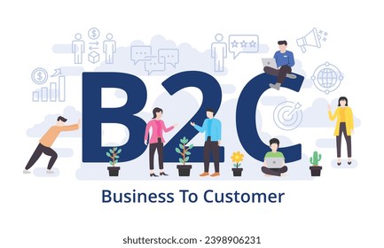 B2C - Business To Customer concept with big word text acronym and team people in modern flat style vector illustration