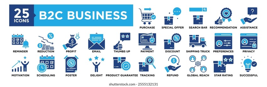 B2C Business icon collection set. Containing design Purchase, Special Offer, Search Bar, Recommendation, Assistance	