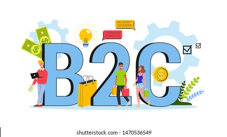 B2C concept. Business to customer strategy. Communication with consumer, product advertising. Flat vector illustration