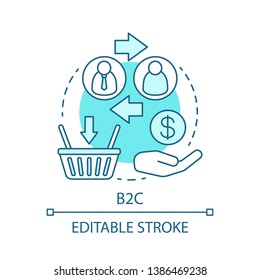B2C concept icon. Commercial relationship idea thin line illustration. E commerce with sale for consumer. Business management. CRM system. Vector isolated outline drawing. Editable stroke