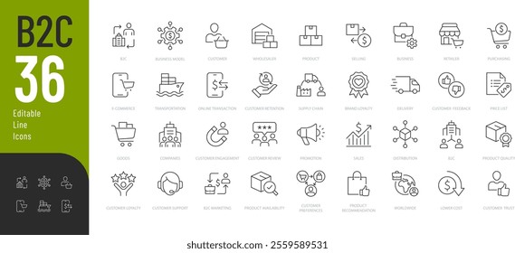 
B2C Editable Icons set. Vector illustration in modern thin line style of Business related icons: customer, selling, product delivery, and more. Pictograms and infographics.
