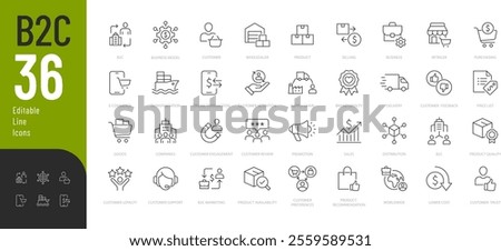 
B2C Editable Icons set. Vector illustration in modern thin line style of Business related icons: customer, selling, product delivery, and more. Pictograms and infographics.
