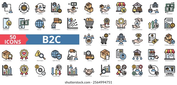 B2C icon collection set. Containing business model, customer, service, selling, product, direct selling, retailer icon. Simple flat outline vector illustration