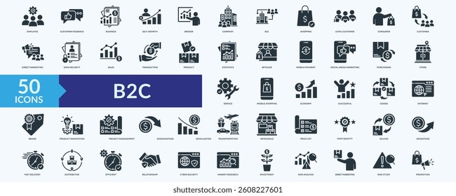 B2C icon collection set with customer feedback, loyal customer, direct marketing, mobile payment, social media marketing
