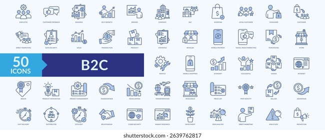 B2C icon collection set with customer feedback, loyal customer, direct marketing, mobile payment, social media marketing