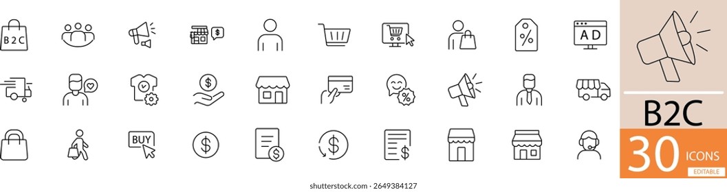 B2C Icon Set – 30 Minimal Line Icons in Black, Flat Vector Style