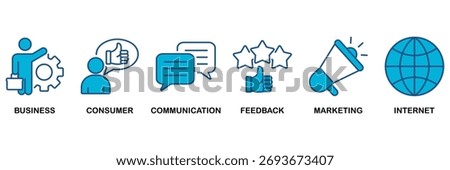 B2C icon set Blue Monochrome Flat Design concept for business to consumer concept of marketing with communications, feedback, marketing, and internet icon