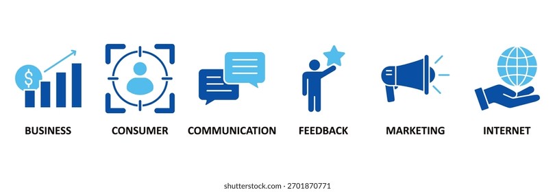Conjunto de iconos B2C En Blue Style Ilustración vectorial para el concepto de marketing de empresa a consumidor con comunicaciones, Comentarios, marketing e icono de Internet