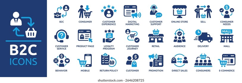 Conjunto de ícones B2C. Negócio para consumidor, comércio eletrônico, atendimento ao cliente, varejo, marketing digital, vendas diretas, experiência do cliente, loja on-line e muito mais. Coleção de ícones de vetor sólido.