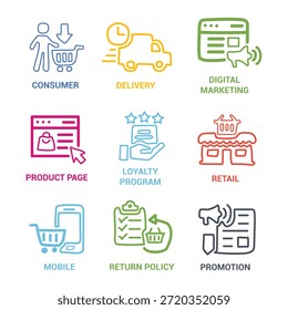 B2C icon set. Business to consumer, e-commerce, customer service, retail, digital marketing, direct sales, customer experience, online store and more. Solid vector icons collection