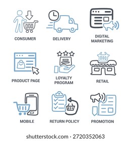 Conjunto de iconos B2C. Negocio al consumidor, comercio electrónico, Servicio al cliente, venta minorista, marketing digital, ventas directas, experiencia del Cliente, tienda en línea y más. Iconos de vector sólido colección