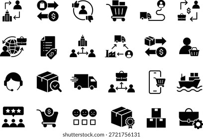 Conjunto de iconos B2C. Símbolo de empresa a consumidor. Contiene Servicio al cliente, comercio electrónico, comercio electrónico, venta minorista, digital, marketing, entrega, Asistencia, centro comercial y más. Ilustración vectorial.	