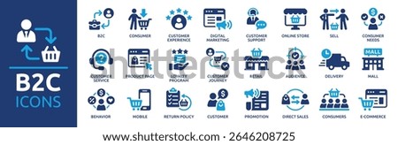 B2C icon set. Business to consumer, e-commerce, customer service, retail, digital marketing, direct sales, customer experience, online store and more. Solid vector icons collection.