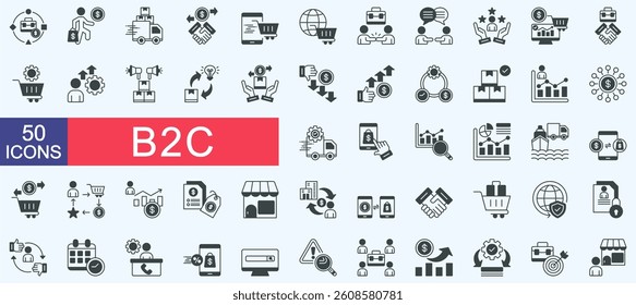 B2C icon set collection. Consist of business model, consumer, distributor, transaction, online retail, ecommerce, engagement, communication, online sales, business. Simple vector black illustration.