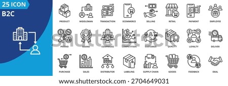 b2c icon set collection in outline style. icon pack contain product, middleman, transaction, ecommerce, selling, retail, payment, employee, promo, brand icon