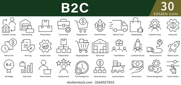 Conjunto de ícones B2C em estilo de linha com vetor editável para negócios, consumidores, comércio e marketing de varejo