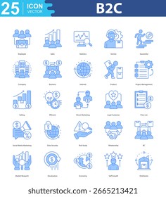 B2C icon set vector employee, sales, statistics, service, successful, company, business, internet, product, project management, selling, efficient, direct marketing, loyal customer, price list, social