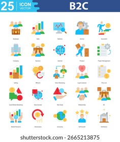 Empleado de Vector de conjunto de iconos B2C, ventas, estadísticas, servicio, exitoso, empresa, negocio, Internet, producto, gestión de proyectos, venta, eficiente, marketing directo, Cliente leal, lista de Precios, redes sociales