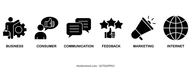 Concepto de Ilustración vectorial de conjunto de iconos B2C para el concepto de marketing de empresa a consumidor con comunicaciones, Comentarios, marketing e icono de Internet