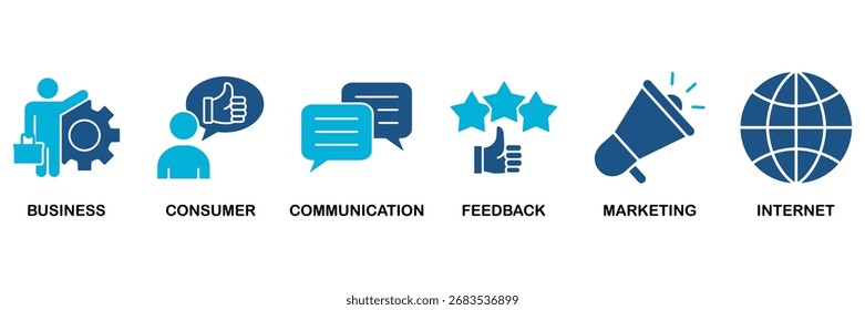 Concepto de Ilustración vectorial de conjunto de iconos B2C para el concepto de marketing de empresa a consumidor con comunicaciones, Comentarios, marketing e icono de Internet