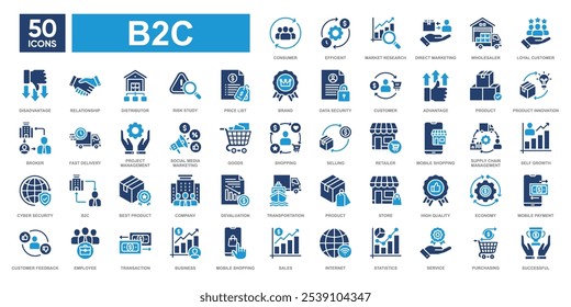 Ilustración vectorial de íconos B2C con el concepto de negocio a consumidor de marketing con comunicaciones, Comentarios, marketing e ícono de Internet. Ilustración vectorial plana simple.