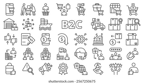 B2C icons set, icon in line design. B2C, icons, set, business to consumer, commerce, retail on white background vector. B2C icons set blue editable stroke icons