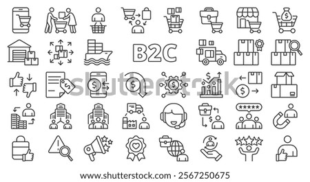 B2C icons set, icon in line design. B2C, icons, set, business to consumer, commerce, retail on white background vector. B2C icons set blue editable stroke icons