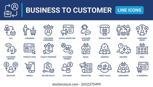 Conjunto de ícones de linha B2C. Negócio para consumidor, comércio eletrônico, marketing digital, experiência do cliente, vendas diretas, atendimento ao cliente, varejo, loja on-line e muito mais. Coleção de ícones de vetor de tópicos.