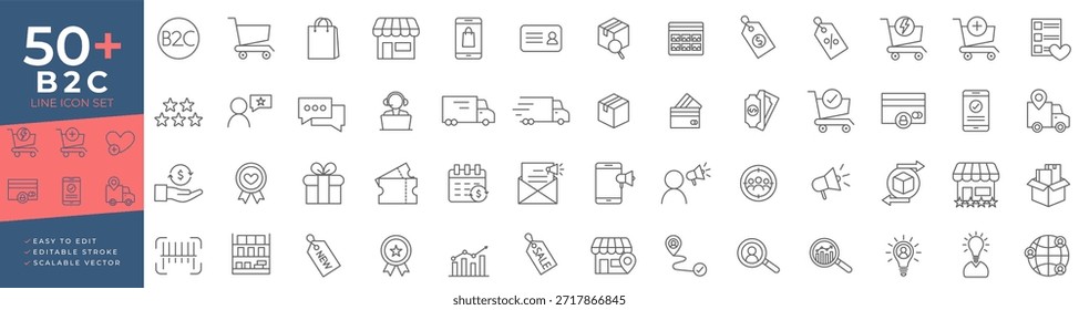El Vector de conjunto de iconos de línea B2C presenta un trazo editable y contornos para comercio electrónico, compras al por menor, logística, entrega, App móviles, proyectos de diseño digital y marketing digital,.