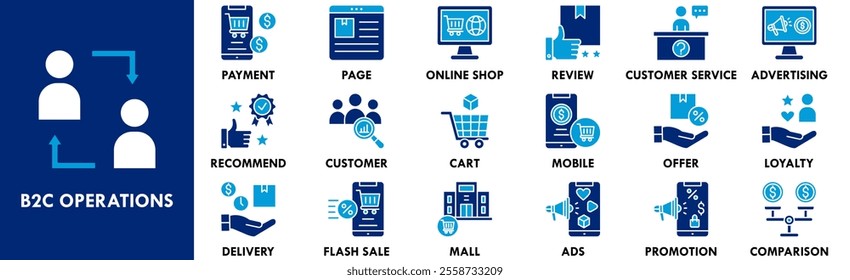 B2C Operations.epsB2C Operations icon collection set. Containing design b2c, strategy, management, diagram, company, market, business to consumer