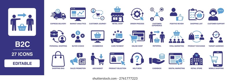 B2C solid vector glyph icon set including customer journey, online shop, express delivery, retail store, shopping bag, sales promotion, and customer experience icons.