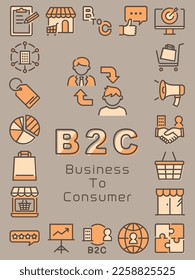 B2C vector colorful icon frame on brown background.