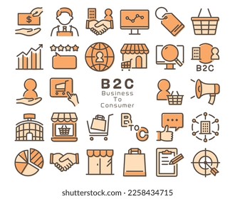 B2C vector colorful icon set on white background.