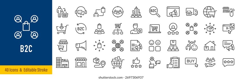 B2C Web Icons im Linienstil. Business to Consumer, Vertrieb, Lieferung, E-Commerce, Geschäft, Shopping, Website, Kunde, Lieferkette, Social Media, Support . Bearbeitbarer Strich. Vektorgrafik.