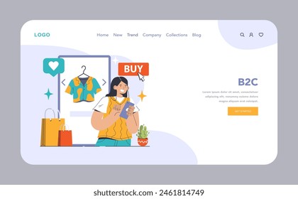 B2C web or landing. Young woman browsing vibrant online store. Selection, instant purchase, customer satisfaction. Casual attire, digital interaction. Flat vector illustration