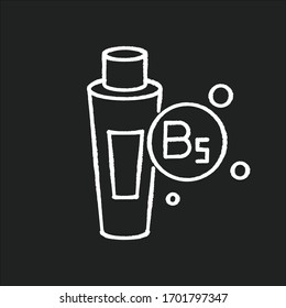 B5 panthenol in tube chalk white icon on black background. Medical ointment. Remedy in package. Moisturizing cosmetic product for hair treatment. Isolated vector chalkboard illustration