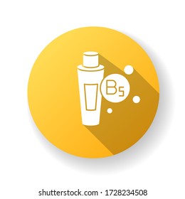 B5 panthenol in tube yellow flat design long shadow glyph icon. Medical ointment. Remedy in package. Moisturizing cosmetic product for hair treatment. Silhouette RGB color illustration
