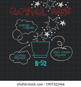 B-52. Cocktail menu. Alcoholic cold drinks. Recipe. Lettering, arrows, dialog clouds. Stars and dots, blots. Gray checkered background. Isolated vector objects. Cartoon glass. 