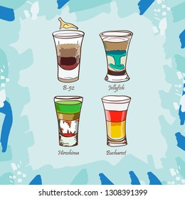 B-52, Hiroshima, Jellyfish, Bucharest cocktail illustration. Alcoholic classic bar drink hand drawn vector. Pop art