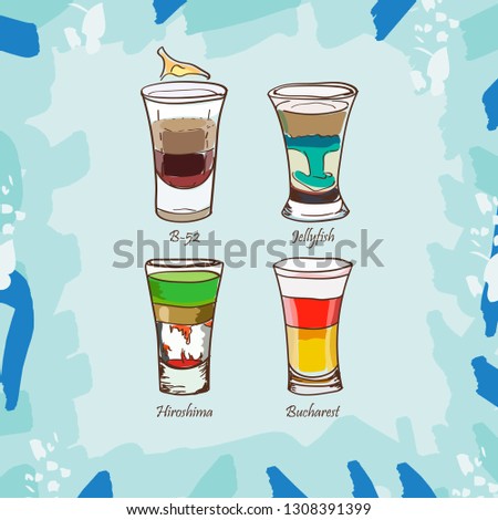 B-52, Hiroshima, Jellyfish, Bucharest cocktail illustration. Alcoholic classic bar drink hand drawn vector. Pop art